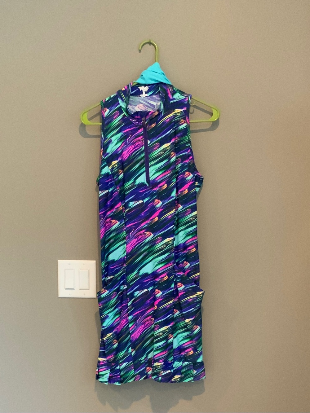 Tzu Tzu Sleeveless Zip-Front Dress in Navy, Teal & Magenta Brushstroke Print